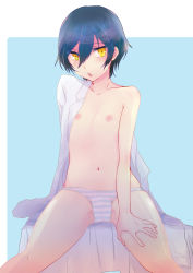 Rule 34 | 1girl, androgynous, blue hair, chestnut mouth, dark persona, female focus, flat chest, megami tensei, navel, nipples, no pants, off shoulder, panties, persona, persona 4, shadow (persona), shadow naoto, shin megami tensei, shinocco, shirogane naoto, short hair, sitting, solo, striped clothes, striped panties, underwear, very short hair, yellow eyes