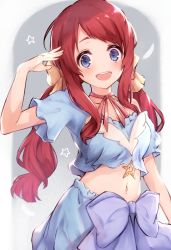 Rule 34 | 10s, 1girl, :d, alisia0812, bare shoulders, blue eyes, blue skirt, blush, choker, collarbone, commentary request, crop top, hair ribbon, hand up, highres, idol, long hair, looking at viewer, low twintails, midriff, minamoto sakura, navel, off shoulder, open mouth, purple ribbon, red choker, red hair, ribbon, ribbon choker, sanpaku, short sleeves, sidelocks, skirt, smile, solo, star (symbol), stomach, swept bangs, teeth, twintails, upper body, upper teeth only, wavy hair, yellow ribbon, zombie land saga