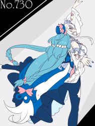 Rule 34 | 1girl, bad id, bad twitter id, bare shoulders, blue bow, blue eyes, blue hair, blue hat, blue nails, blue thighhighs, bow, braid, breasts, creatures (company), detached sleeves, eyes visible through hair, facial mark, game freak, gem, gen 7 pokemon, hair between eyes, hair bow, hair ornament, hat, hat bow, hime (ohime pkg), large breasts, long hair, long sleeves, maid headdress, matching hair/eyes, mini hat, mini top hat, multicolored hair, nail polish, nintendo, open mouth, pearl (gemstone), personification, pink bow, pokedex number, pokemon, pokemon sm, primarina, smile, solo, standing, star (symbol), thighhighs, top hat, twin braids, two-tone hair, very long hair, white hair, wide sleeves, zettai ryouiki