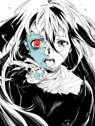 Rule 34 | 1girl, bandages, black dress, black hair, blue skin, colored skin, dated, dress, greyscale, hair between eyes, long hair, looking at viewer, monochrome, open mouth, pizza man, red eyes, split theme, very long hair, yamada tae, zombie, zombie land saga