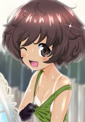 Rule 34 | 1girl, absurdres, akiyama yukari, black gloves, blurry, blurry background, blurry foreground, breasts, brown eyes, brown hair, clothes pull, commentary, electric fan, girls und panzer, gloves, green shirt, highres, looking at viewer, messy hair, military, military uniform, nipples, no bra, one eye closed, ooarai military uniform, open mouth, pulled by self, shiina excel, shirt, shirt pull, short hair, small breasts, smile, solo, sparkle, sweat, tan, tank top, tanline, uniform, upper body