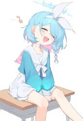Rule 34 | 1girl, absurdres, arona (blue archive), ayaha 4780828, blue archive, blue hair, blue halo, blush, braid, choker, closed eyes, colored inner hair, eighth note, feet out of frame, halo, heart, highres, long sleeves, multicolored hair, musical note, open mouth, pink hair, pleated skirt, sailor collar, short hair, simple background, single braid, sitting, skirt, smile, solo, white background, white choker, white sailor collar, white skirt