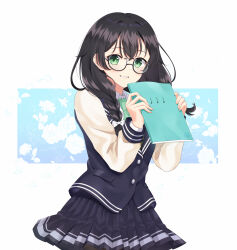 Rule 34 | 1girl, absurdres, blush, bow, braid, cevio, collared shirt, commentary request, glasses, green eyes, grin, hair bow, hanakuma chifuyu, highres, holding, holding notebook, jacket, long hair, long sleeves, looking at viewer, musical note, necktie, notebook, pleated skirt, rooibos, school uniform, shirt, skirt, smile, solo, synthesizer v, twin braids