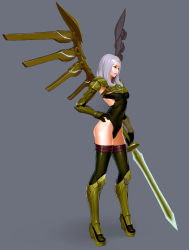 Rule 34 | 1girl, alternate costume, bad id, bad pixiv id, black thighhighs, breasts, brown eyes, gauntlets, grey background, hand on own hip, highres, kayle (league of legends), league of legends, light smile, long hair, platform footwear, platform heels, preter, silver hair, simple background, solo, sword, thighhighs, thighs, weapon, wings
