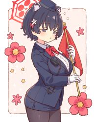 Rule 34 | 1girl, :o, animal ears, black hair, black pantyhose, blue archive, blue hat, blue jacket, blue skirt, bow, bowtie, breasts, commentary, flag, flower, from side, gloves, grey eyes, halo, hat, holding, holding flag, jacket, large breasts, looking at viewer, miniskirt, narrowed eyes, official alternate costume, onyhakase, open mouth, panda ears, pantyhose, red bow, red bowtie, shirt, short hair, skirt, solo, squeans, standing, tour guide, tsubaki (blue archive), tsubaki (guide) (blue archive), white gloves, white shirt