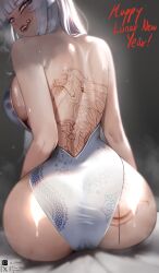 Rule 34 | 1girl, :d, :q, absurdres, ass, back, back tattoo, backboob, bare shoulders, blue archive, blunt bangs, blush, breasts, china dress, chinese clothes, commentary, dragon print, dress, english commentary, english text, highres, large breasts, long hair, looking at viewer, noa (blue archive), open mouth, purple eyes, sharp teeth, shiwudesu, sitting, smile, solo, sweat, tattoo, teeth, tongue, tongue out, variant set, white hair