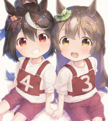 Rule 34 | 2girls, :d, aged down, ahoge, animal ears, blush, braid, brown hair, character request, commentary request, grin, hair between eyes, holding hands, horse ears, horse girl, horse tail, kitasan black (umamusume), long hair, looking at viewer, multicolored hair, multiple girls, open mouth, ponytail, pu-en, puffy short sleeves, puffy sleeves, red eyes, red shorts, satono diamond (umamusume), shirt, short shorts, short sleeves, shorts, sitting, smile, streaked hair, tail, teeth, umamusume, upper teeth only, very long hair, white hair, white shirt, yellow eyes