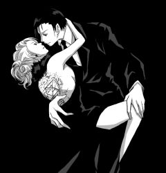 Rule 34 | 00s, 1boy, 1girl, back, back tattoo, backless dress, backless outfit, bare back, bare shoulders, black background, dress, feather boa, formal, fullmetal alchemist, greyscale, hetero, holding, hug, imminent kiss, manly, monochrome, non-web source, riza hawkeye, roy mustang, suit, tattoo