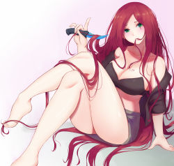 Rule 34 | 1girl, absurdly long hair, alternate costume, arm support, bandeau, barefoot, blush, breasts, chinese commentary, cleavage, closed mouth, collarbone, commentary request, counter-strike (series), counter-strike 2, crossed legs, full body, gradient background, green eyes, hair between breasts, hair flowing over, hair in own mouth, head tilt, heart, heart hair, holding, holding knife, holding own hair, index finger raised, katarina (league of legends), knees, knife, league of legends, leaning back, legs, long hair, medium breasts, off-shoulder jacket, off shoulder, pao mian+dan, pink background, plantar flexion, red hair, scar, scar across eye, scar on face, sitting, sitting on hair, skirt, smile, solo, thighs, toes, very long hair