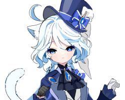 Rule 34 | 1girl, animal ears, ascot, asymmetrical gloves, blue eyes, cat ears, cat girl, cat tail, commentary, drop-shaped pupils, furina (genshin impact), genshin impact, gloves, hair between eyes, hat, heterochromia, highres, kemonomimi mode, long sleeves, looking at viewer, medium hair, mismatched gloves, miyako draw, multicolored hair, paw pose, sidelocks, simple background, sketch, solo, streaked hair, symbol-shaped pupils, tail, top hat, two-tone hair, white background, white hair