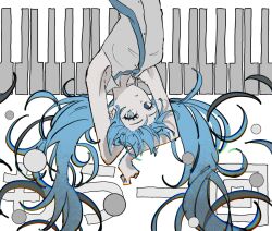 Rule 34 | 1girl, armpits, arms behind head, blue eyes, blue hair, blue necktie, collared shirt, falling, floating hair, floating neckwear, grey shirt, halftone, hatsune miku, highres, inu totemo, long hair, looking at viewer, necktie, piano keys, rolling girl (vocaloid), shirt, sidelocks, simple background, sleeveless, sleeveless shirt, solo, upper body, upside-down, very long hair, vocaloid, white background