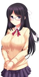 Rule 34 | 1girl, artist request, black hair, black skirt, blue eyes, blush, braid, breasts, character request, flower, game cg, glasses, hair flower, hair ornament, hair ribbon, large breasts, long hair, long sleeves, looking at viewer, neck ribbon, red neckwear, ribbon, school uniform, shirt, skirt, source request, standing, sweater, translation request, white shirt, yellow sweater