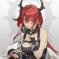 Rule 34 | 1girl, absurdres, arknights, ball gag, blush, cuffs, drooling, gag, handcuffs, highres, horns, long hair, purple eyes, red hair, saliva, saliva trail, second-party source, shackles, solo, surtr (arknights), youzu (youzuyozu)