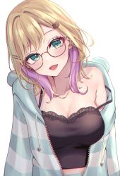 Rule 34 | 1girl, animal hair ornament, animal hood, bear hair ornament, black camisole, blonde hair, blush, breasts, camisole, cleavage, collarbone, commentary request, glasses, green eyes, hair ornament, hairclip, head tilt, highres, hood, hooded jacket, jacket, jewelry, kurumi noah, lace-trimmed camisole, lace trim, large breasts, looking at viewer, medium hair, multicolored hair, necklace, off shoulder, open clothes, open jacket, open mouth, pink hair, reityana, simple background, smile, solo, strap slip, striped clothes, striped jacket, two-tone hair, upper body, virtual youtuber, vspo!, white background, zipper