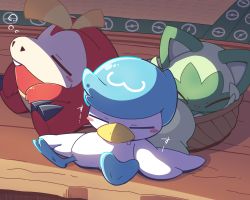 Rule 34 | basket, blush stickers, bubble, closed mouth, commentary request, creatures (company), closed eyes, fuecoco, game freak, highres, indoors, nettsuu, nintendo, poke ball print, pokemon, quaxly, sleeping, sprigatito, starter pokemon trio, wooden floor