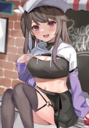 Rule 34 | 1girl, absurdres, azur lane, black skirt, breasts, brown hair, brown thighhighs, casual, cleavage, cleavage cutout, clothing cutout, day, highres, long sleeves, medium breasts, midriff, miniskirt, navel, open mouth, outdoors, pamiat merkuria (azur lane), purple eyes, sitting, skirt, solo, thighhighs, watage tanpopo