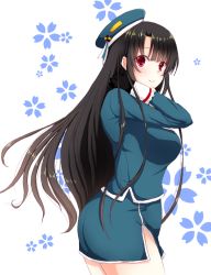 Rule 34 | 10s, 1girl, alternate hair length, alternate hairstyle, black gloves, black hair, from side, gloves, hand on own neck, kantai collection, long hair, looking at viewer, military, military uniform, miniskirt, pencil skirt, red eyes, side slit, skirt, smile, solo, sotogawa max, standing, takao (kancolle), uniform