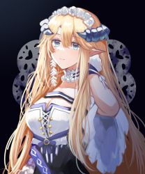 Rule 34 | 1girl, arknights, black background, blonde hair, blue eyes, blue sealad, breasts, cleavage, collar, commentary, dress, gloves, hand up, highres, horns, large breasts, long hair, looking at viewer, off-shoulder dress, off shoulder, official alternate costume, pointy ears, saileach (appreciate fragrance) (arknights), saileach (arknights), short sleeves, simple background, smile, solo, upper body, very long hair, white dress, white gloves