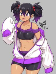 Rule 34 | 1girl, agawa ryou, bike shorts, black bra, black hair, bra, breasts, commentary, dated, english commentary, gradient hair, grey background, hair between eyes, hair bobbles, hair ornament, hood, jacket, loose clothes, medium breasts, multicolored hair, navel, open clothes, open jacket, open mouth, original, purple bra, purple eyes, purple hair, short twintails, signature, sleeves past wrists, solo, sports bra, standing, tan, toned, track jacket, twintails, two-tone bra, two-tone sports bra, underwear