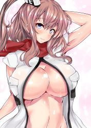 Rule 34 | 10s, 1girl, blouse, blue eyes, blush, breasts, brown hair, eyebrows, hair between eyes, highres, huge breasts, kantai collection, long hair, looking at viewer, navel, neckerchief, open clothes, open shirt, pocket, ponytail, red neckerchief, sankakusui, saratoga (kancolle), shiny skin, shirt, simple background, smile, solo, upper body