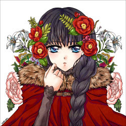 Rule 34 | 1girl, :o, black hair, blue eyes, blush, braid, camellia, carnation, cloak, dated, easter lily, flower, fur trim, hair flower, hair ornament, highres, lily (flower), long hair, looking at viewer, open mouth, original, parted lips, pink flower, pink rose, raphina, red flower, red rose, rose, signature, simple background, single braid, solo, turtleneck, upper body, watermark, white background