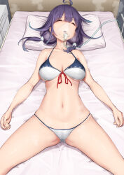 Rule 34 | 1girl, ahoge, bed, bikini, breasts, cleavage, closed eyes, commentary request, commission, cowboy shot, female focus, front-tie bikini top, front-tie top, hair flaps, hospital bed, kantai collection, kasu (kasunohikari), large breasts, low twintails, lying, mixed-language commentary, oxygen mask, pillow, purple hair, skeb commission, solo, spread legs, swimsuit, taigei (kancolle), tube, twintails, white bikini