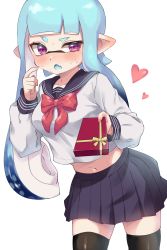 Rule 34 | 1girl, black sailor collar, black skirt, black thighhighs, blouse, blue hair, blue tongue, blunt bangs, blush, bow, bowtie, colored tongue, commentary, cowboy shot, fang, gradient hair, half-closed eye, hand on own face, heart, highres, inkling, inkling girl, inkling player character, leaning forward, long hair, long sleeves, looking at viewer, midriff, miniskirt, multicolored hair, navel, nintendo, penguin maru (penginmaru), pleated skirt, pointy ears, purple eyes, red bow, red bowtie, sailor collar, school uniform, serafuku, shirt, simple background, skin fang, skirt, solo, splatoon (series), squidbeak splatoon, standing, sweatdrop, tentacle hair, thighhighs, valentine, white background, white shirt