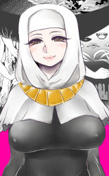 Rule 34 | 10s, 1girl, bad id, bad pixiv id, blush, breasts, brown eyes, dentakun, covered erect nipples, fate/extra, fate/extra ccc, fate (series), habit, hat, jewelry, large breasts, necklace, nun, sessyoin kiara, solo