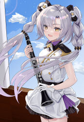 Rule 34 | 1girl, absurdres, aug para (girls&#039; frontline), aug para (serenade no.10) (girls&#039; frontline), blue sky, bow, braid, breasts, commentary, dress, feet out of frame, girls&#039; frontline, gloves, grey hair, hair bow, highres, holding, holding instrument, instrument, long hair, looking at viewer, marching band, official alternate costume, one smoke, open mouth, orange eyes, sky, small breasts, smile, solo, standing, strapless, twin braids, white dress, white gloves, white uniform