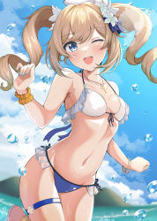 Rule 34 | 1girl, ;d, absurdres, aqua nails, bangle, barbara (genshin impact), bare arms, bare shoulders, bikini, blonde hair, blue bikini, blue eyes, blush, bracelet, breasts, cloud, cross, cross necklace, day, drill hair, flower, frilled bikini, frills, front-tie top, genshin impact, hair flower, hair ornament, halterneck, hand up, hat, highres, jewelry, long hair, looking at viewer, medium breasts, nail polish, navel, necklace, ocean, one eye closed, open mouth, outdoors, ringlets, smile, solo, stomach, swimsuit, teeth, thigh strap, thighs, twin drills, upper teeth only, water, water drop, wet, white bikini, white flower, wrist cuffs, yashita saki