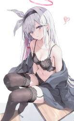 Rule 34 | 1girl, black bra, black coat, black eyes, black hairband, black panties, black thighhighs, blue archive, blush, bra, braid, breasts, cleavage, closed mouth, coat, collarbone, colored inner hair, grey eyes, grey hair, hairband, halo, heart, highres, huwari (dnwls3010), long hair, long sleeves, looking at viewer, multicolored hair, navel, open clothes, open coat, panties, pink hair, plana (blue archive), red halo, simple background, single braid, small breasts, solo, thighhighs, two-tone hair, underwear, white background, white hair