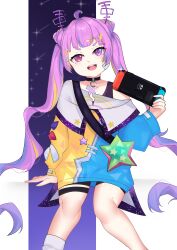 Rule 34 | 1girl, absurdres, ahoge, bag, bandaid, bandaid on face, capelet, commission, dress, eyelashes, feet out of frame, hair ornament, hairclip, handheld game console, heterochromia, highres, hood, hoodie, idol corp, jacket, jaqui, knees, looking at viewer, multicolored hair, nintendo, nintendo switch, open mouth, pink eyes, pink hair, purple eyes, riro ron, shoulder bag, simple background, smile, socks, star (symbol), teeth, thick eyebrows, tongue, twintails, virtual youtuber