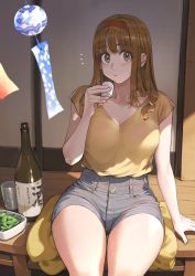 Rule 34 | 1girl, :o, alcohol, arm support, blunt bangs, blush, bottle, bra visible through clothes, brown eyes, brown hair, choko (cup), collarbone, cup, cushion, denim, denim shorts, drinking, drinking glass, edamame, food, glass, headband, high-waist shorts, highres, holding, holding cup, jun (navigavi), long hair, looking at viewer, open mouth, original, plate, red headband, sake, sake bottle, shirt, shorts, sidelocks, sitting, sitting on object, sliding doors, solo, thick thighs, thigh gap, thighs, v-neck, wind chime, yellow shirt