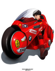 Rule 34 | 1980s (style), 1boy, 2007, akira (manga), bmw, boots, brown hair, canon (company), castrol, citizen (company), company name, dated, elf (company), full body, grin, honda, kaneda shoutarou (akira), male focus, motor vehicle, motorcycle, oldschool, retro artstyle, ryu (ryu&#039;s form site), shoei, simple background, smile, smiley face, solo, sticker, vehicle, white background