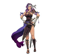 Rule 34 | 1girl, absurdres, armor, bare shoulders, belt, breasts, chyko, cleavage, closed mouth, collarbone, dagger, dark-skinned female, dark skin, dress, eyepatch, feet, female focus, fire emblem, fire emblem: mystery of the emblem, fire emblem heroes, full body, gloves, gold trim, hands on own hips, highres, knife, large breasts, lips, long hair, looking at viewer, malice (fire emblem), muscular, muscular female, nintendo, official art, pelvic curtain, purple eyes, sheath, sheathed, shiny skin, shoulder armor, simple background, smile, solo, standing, strapless, strapless dress, sword, tan, toeless footwear, toes, weapon, white background