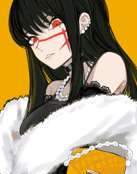 Rule 34 | 1girl, absurdres, bag, black choker, black gloves, chainsaw man, choker, cross scar, earrings, elbow gloves, facial scar, frilled gloves, frills, fur scarf, gloves, handbag, highres, jewelry, long hair, looking at viewer, necklace, parted lips, pearl earrings, pearl necklace, red eyes, ringed eyes, sailen0, scar, scar on cheek, scar on face, simple background, solo, yellow background, yoru (chainsaw man)