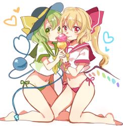 Rule 34 | 2girls, bare legs, barefoot, black hat, blonde hair, bow, brown eyes, closed mouth, flandre scarlet, food, food on face, full body, green eyes, green hair, green panties, hair between eyes, hair bow, hat, hat bow, heart, heart of string, holding, ice cream, ice cream cone, kneeling, komeiji koishi, licking, looking at viewer, multiple girls, navel, necktie, no pants, open mouth, panties, paragasu (parags112), pink panties, red bow, school uniform, scrunchie, serafuku, short hair, short sleeves, side-tie panties, side ponytail, simple background, third eye, tongue, tongue out, touhou, underwear, white background, wrist scrunchie, yellow bow