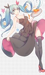 Rule 34 | 1girl, bare shoulders, black ribbon, black skirt, black thighhighs, blunt bangs, blush, breasts, breasts apart, camisole, clothes lift, collarbone, cup, dress, floating hair, full body, green eyes, green hair, hair ribbon, hand up, hatsune miku, high heels, highres, holding, holding tray, long hair, looking at viewer, medium breasts, open mouth, pink ribbon, pumps, red footwear, red sh, ribbon, shoes, skirt, skirt lift, skirt set, sleeveless, smile, solo, strap slip, tea, tea set, teacup, teapot, thighhighs, tray, twintails, two-sided fabric, two-sided skirt, very long hair, vocaloid, wind, wind lift, z shichao