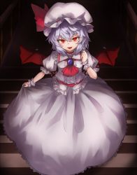 Rule 34 | 1girl, :d, arm up, bat wings, belt, blush, breasts, buttons, center frills, choker, commentary, dark, dress, fangsfen zuo, frilled dress, frills, full body, gem, hat, hat ribbon, highres, light purple hair, looking at viewer, lower teeth only, medium breasts, mob cap, open mouth, pubic hair, purple gemstone, red belt, red choker, red eyes, red neckwear, remilia scarlet, ribbon, ribbon choker, short hair, short sleeves, sidelocks, smile, solo, stairs, standing, symbol-only commentary, teeth, tongue, touhou, upper teeth only, wings, wrist cuffs