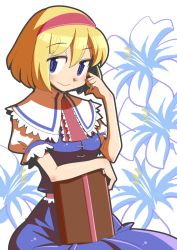 Rule 34 | 1girl, :&gt;, alice margatroid, blue dress, blue eyes, book, capelet, colorized, dress, floral background, hairband, hand on own cheek, hand on own face, looking at viewer, maru-sun, puffy short sleeves, puffy sleeves, red hairband, short hair, short sleeves, solo, touhou