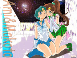 Rule 34 | 1990s (style), 2girls, bare legs, bishoujo senshi sailor moon, blue choker, blue eyes, blue footwear, blue hair, blue sailor collar, blue skirt, blush, boots, bow, brown hair, character name, choker, couple, earrings, elbow gloves, eye contact, flower, full body, gloves, green choker, green eyes, green footwear, green sailor collar, green skirt, hair bobbles, hair bow, hair ornament, hand on shoulder, heart, holding hands, imminent kiss, jewelry, kino makoto, knee boots, kneeling, legs, long hair, looking at another, magical girl, miniskirt, mizuno ami, multiple girls, neck, necklace, one eye closed, open mouth, planet, pleated skirt, ponytail, retro artstyle, ribbon, rose, sailor, sailor collar, sailor jupiter, sailor mercury, see-through, see-through sleeves, shoes, short hair, short sleeves, skirt, smile, space, squatting, star (symbol), star choker, star necklace, super sailor jupiter, super sailor mercury, sweat, tiara, wavy hair, white gloves, wink, yuri