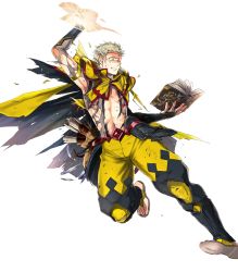 Rule 34 | 1boy, abs, bag, blonde hair, blue eyes, book, cape, center opening, circlet, earrings, fire emblem, fire emblem fates, fire emblem heroes, full body, highres, jewelry, magic, male focus, nintendo, odin (fire emblem), official art, one eye closed, sandals, scroll, solo, suekane kumiko, teeth, torn clothes, transparent background