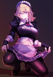 Rule 34 | 1girl, 3 small spiders, :o, absurdres, apron, black footwear, black gloves, black pantyhose, blonde hair, blue eyes, blush, braid, breasts, clothes lift, commentary, dress, dress lift, fingerless gloves, full body, g36 (girls&#039; frontline), g36 (mod3) (girls&#039; frontline), girls&#039; frontline, gloves, highres, long hair, looking at viewer, maid, maid headdress, medium breasts, mod3 (girls&#039; frontline), navel, on one knee, open mouth, pantyhose, shoes, simple background, solo, white apron