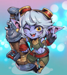 Rule 34 | 1girl, black gloves, earrings, fingerless gloves, full body, gloves, gradient background, hair between eyes, jewelry, league of legends, light blush, looking at viewer, navel, one eye closed, open mouth, phantom ix row, pointy ears, short hair, simple background, smile, solo, standing, stomach, tristana, white hair, yellow eyes, yordle
