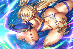 Rule 34 | 1girl, ass, blonde hair, blue eyes, blue gloves, bradamante (fate), bradamante (third ascension) (fate), braid, breasts, cleavage, curvy, elbow gloves, fate/grand order, fate (series), gloves, huge ass, huge breasts, long hair, melon22, open mouth, panties, shiny skin, solo, thick thighs, thighs, thong, toned, twintails, underwear, very long hair, white panties