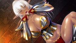 Rule 34 | 1girl, armor, blush, breasts, chain, cleavage, collar, cum, cum in mouth, dark-skinned female, dark skin, elf, female focus, fingerless gloves, game cg, gloves, huge breasts, huracan, indoors, kyonyuu elf oyako saimin, legs, long hair, looking at viewer, lune (company), narrus linhen, open mouth, original, pointy ears, ponytail, red eyes, shoulder pads, solo, squatting, thighs, thong, uncensored, white hair