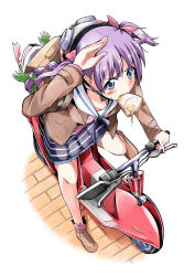 Rule 34 | 10s, 1girl, bibi02, blue eyes, blush, boots, bow, bread slice, food, food in mouth, frog, hair bow, hair ornament, highres, jacket, motor vehicle, motorcycle, mouth hold, nanajiinyi, purple hair, quad tails, skirt, solo, sudou cecil, toast, toast in mouth, vehicle, wizard barristers: benmashi cecil