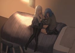 Rule 34 | 2girls, ^ ^, bag, bed, blonde hair, blue hair, blush, breasts, cleavage, closed eyes, hand on another&#039;s head, highres, kneehighs, medium breasts, multiple girls, original, pantyhose, sitting, smile, socks, sunlight, undressing another, yuri
