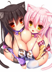 Rule 34 | 2girls, :d, :o, ahoge, animal ear fluff, animal ears, animal print, bell, bikini, bikini top only, black legwear, blush, breast press, breasts, brown hair, cat ears, cat girl, cat tail, cow print, fang, from above, jacket, large breasts, long hair, looking at viewer, mia flatpaddy, multiple girls, neck bell, open clothes, open jacket, open mouth, oppai loli, original, pink hair, plaid, red eyes, seiza, shia flatpaddy, sitting, slit pupils, smile, swimsuit, symmetrical docking, syroh, tail, thighhighs, very long hair, white legwear
