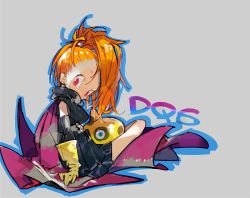 Rule 34 | 1girl, amiami, barbara (dq6), blue eyes, blue outline, cape, creature, creature on lap, dragon quest, dragon quest vi, earrings, gloves, grey background, jewelry, long hair, orange hair, outline, ponytail, purple cape, red eyes, simple background, sitting, slime (creature), yellow gloves
